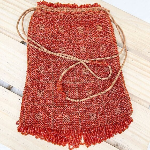Vintage Terra Cotta Red Burnt Orange Handmade Micro Glass Bead Fringe Clutch - Picture 8 of 8